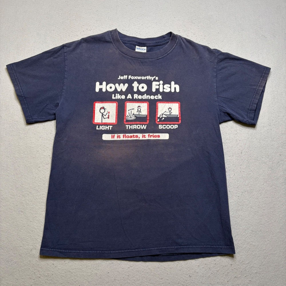 M&O Knits T-Shirt Mens Medium Blue Jeff Foxworthy How To Fish Like A Redneck Y2K